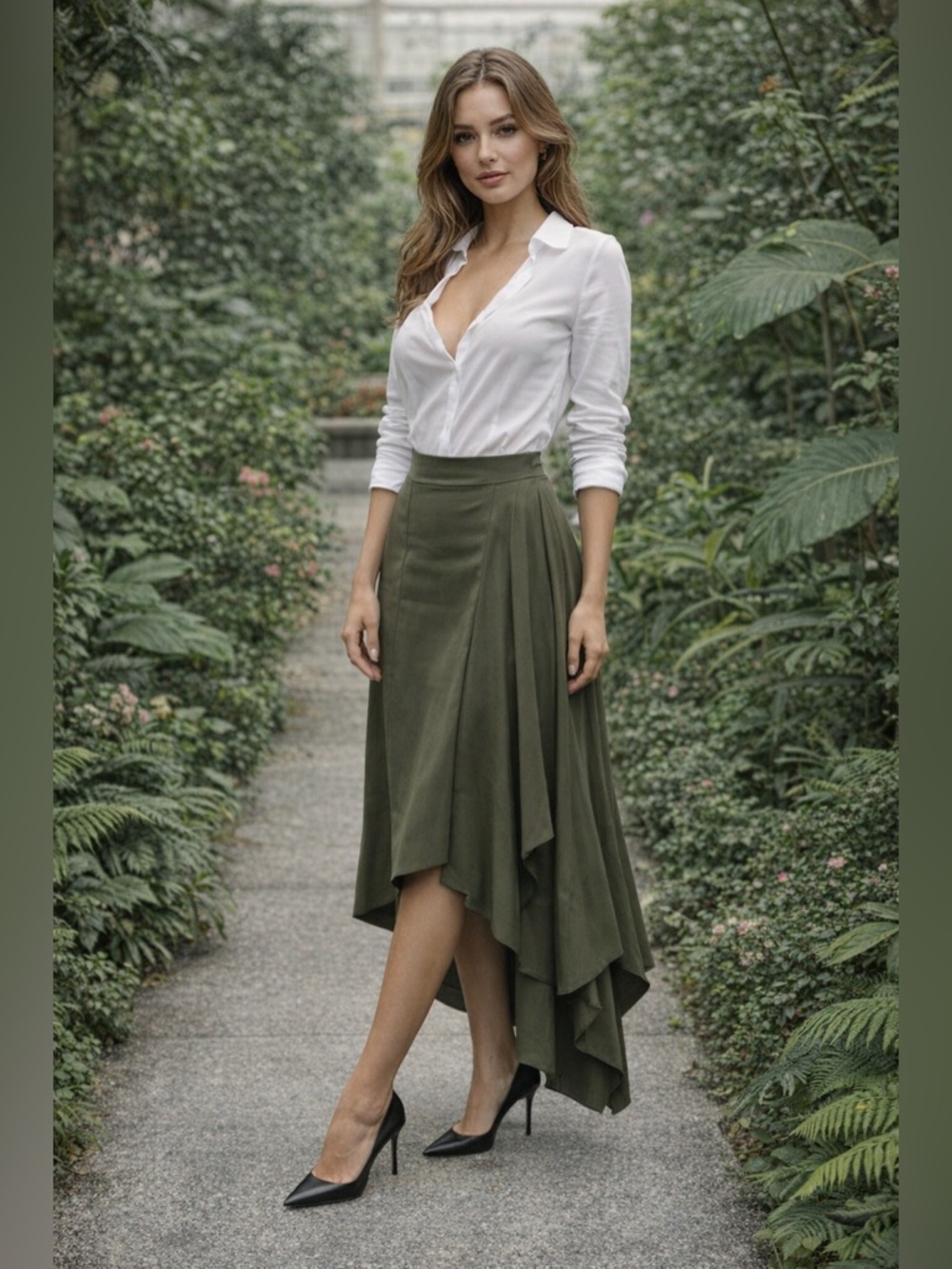 Michael Kors Rich Olive Midi Draped Front Asymmetrical Hem Skirt  LARGE NWT $80